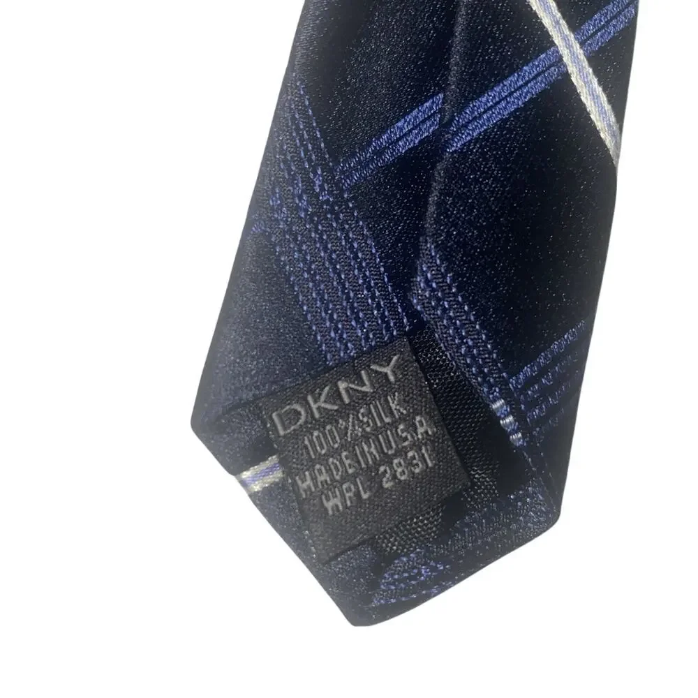 DKNY Men's Black Blue White Plaid 100% Silk Necktie 60”x3.25”
